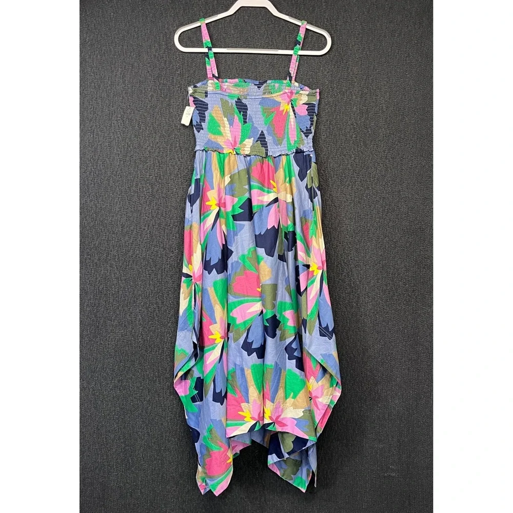 Gap Womens Floral Smocked Handkerchief Hem Midi Dress Blue Pink Green Medium NEW
